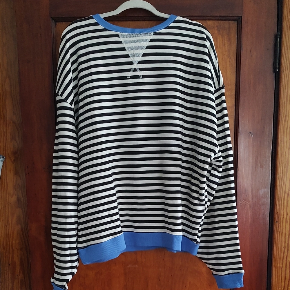 We The Free Black and White Striped Crewneck Sweater with Blue Trim